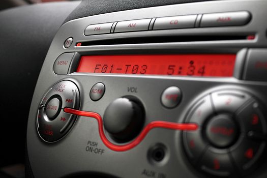 Control panel of car audio player close-up