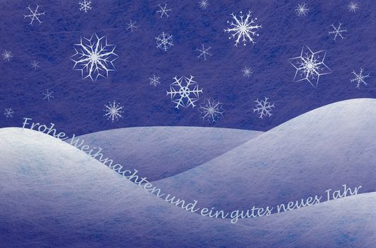 Winter scene with snowy mountains and snowflakes and the german words for Merry Christmas And A Happy New Year, christmas card