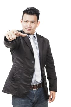 face of asian man pointing hand to watching to isolated on white background use for man ,people requirement and serching human to choose for working job