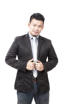 young smart asian man in western suit nice happy face standing on white background