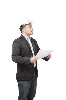 side view of young asian wearing safety helmet working engineering man holding project paper work isolated white background use for engineer working in construction site