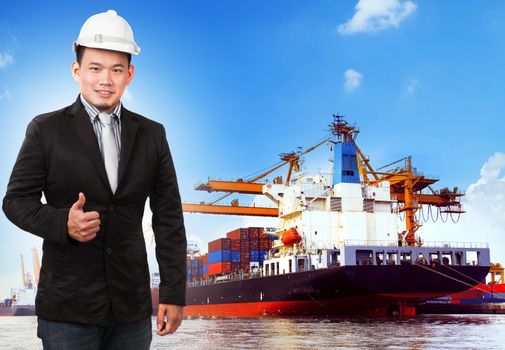 business man and comercial ship with container on port use for import ,export and shipping logistic industry service 