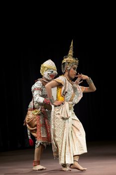 BANGKOK THAILAND - AUGUST 7 : Hanuman and lady fish Suphanmucha courtship scene in Khon playing one theme of great thai lliterature Ramayana  on august7,2014 in bangkok Thailand