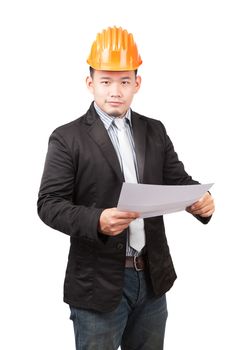 young asian wearing safety helmet working engineering man holding project paper work isolated white background use for engineer working in construction site