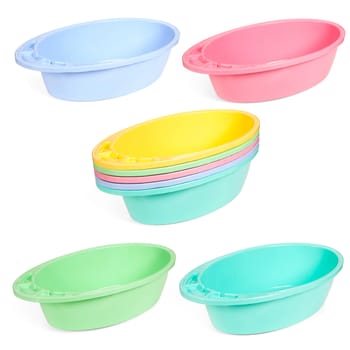 multi-colored plastic trays on the white isolated background