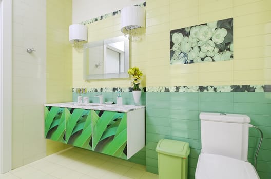 Bathroom design with beautiful grass print on bath cabinet and toilet