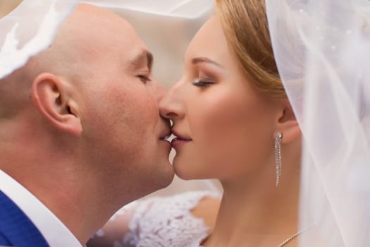 The groom kisses the bride wearing a veil on a walk in the countryside