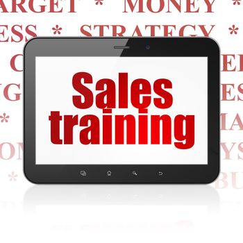 Advertising concept: Tablet Computer with  red text Sales Training on display,  Tag Cloud background, 3D rendering