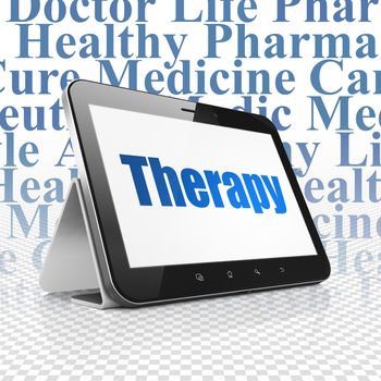 Medicine concept: Tablet Computer with  blue text Therapy on display,  Tag Cloud background, 3D rendering