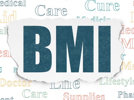 Healthcare concept: Painted blue text BMI on Torn Paper background with  Tag Cloud