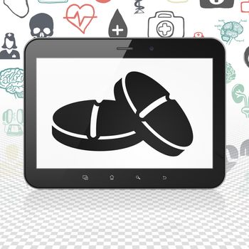 Healthcare concept: Tablet Computer with  black Pills icon on display,  Hand Drawn Medicine Icons background, 3D rendering