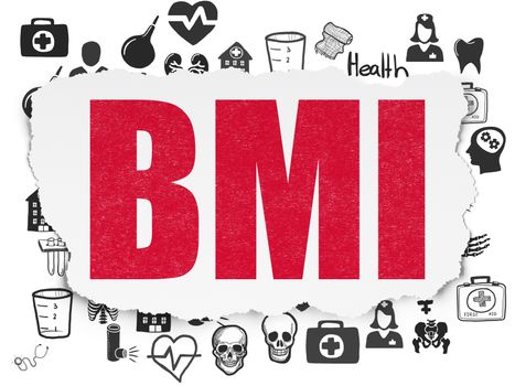 Health concept: Painted red text BMI on Torn Paper background with  Hand Drawn Medicine Icons