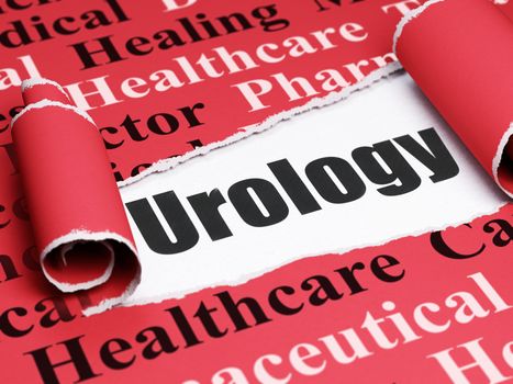 Medicine concept: black text Urology under the curled piece of Red torn paper with  Tag Cloud, 3D rendering