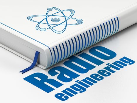 Science concept: closed book with Blue Molecule icon and text Radio Engineering on floor, white background, 3D rendering