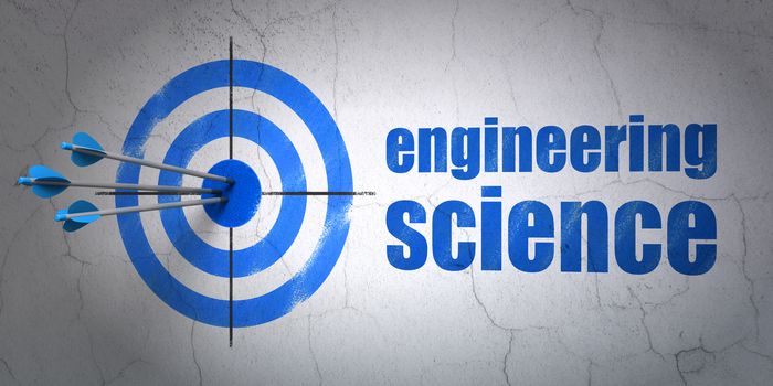 Success Science concept: arrows hitting the center of target, Blue Engineering Science on wall background, 3D rendering