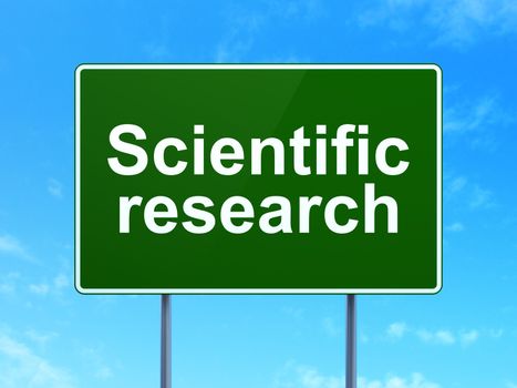 Science concept: Scientific Research on green road highway sign, clear blue sky background, 3D rendering
