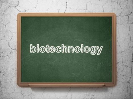 Science concept: text Biotechnology on Green chalkboard on grunge wall background, 3D rendering
