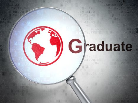 Studying concept: magnifying optical glass with Globe icon and Graduate word on digital background, 3D rendering