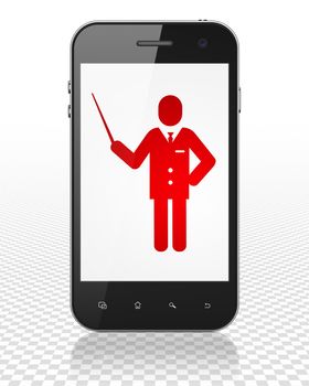 Education concept: Smartphone with red Teacher icon on display, 3D rendering