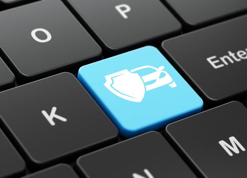 Insurance concept: computer keyboard with Car And Shield icon on enter button background, 3D rendering
