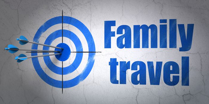 Success vacation concept: arrows hitting the center of target, Blue Family Travel on wall background, 3D rendering