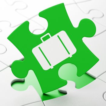 Travel concept: Bag on Green puzzle pieces background, 3D rendering