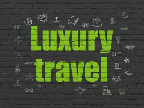 Tourism concept: Painted green text Luxury Travel on Black Brick wall background with  Hand Drawn Vacation Icons