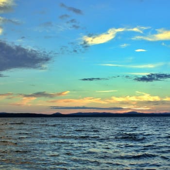 beautiful Lake Uwildy in the southern Urals in the summer evening