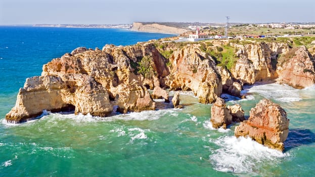 Aerial from Ponte Piedade with the Lighthouse in Lagos Portugal