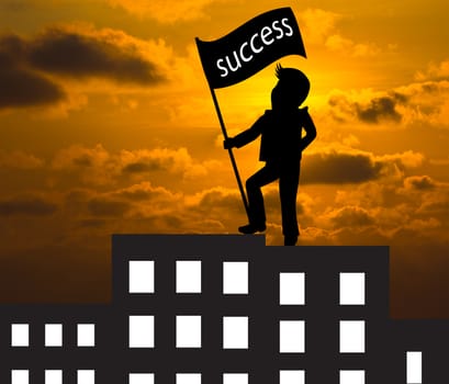 Man with success flag standing on the top of building,Business concept skyline