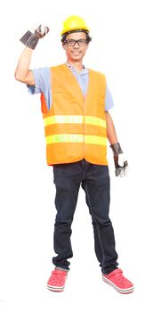 portrait of asian worker man wearing safety jacket hard hat and leather hand glove protection isolated white background 