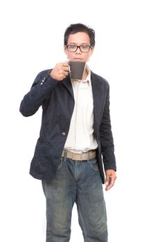 portrait of young asian man drinking hot drink in coffee mug cup isolated white background