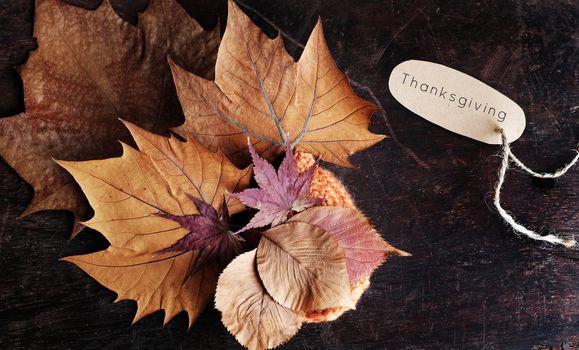 Thanksgiving background with dried maple leaf on wood background, nice leaves in autumn season