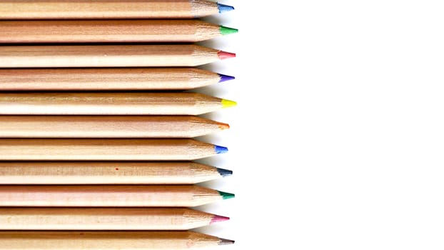 Wooden Color pencils arrangement top view stationery office supply business isolated