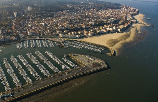 Aerial view and Boats parked in the Port of Arcachon, Aquitaine, France