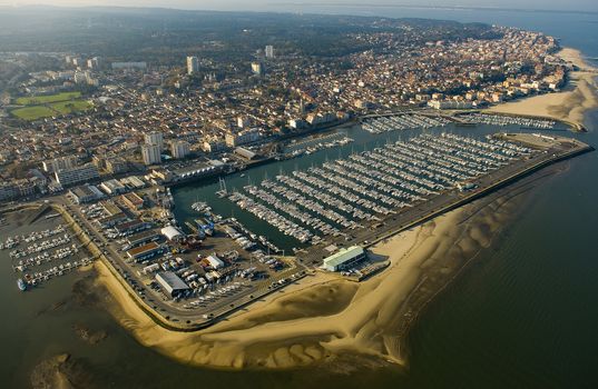Aerial view and Boats parked in the Port of Arcachon, Aquitaine, France