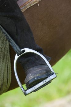 Dressage rider and horse closeup boot in stirrup detail, France