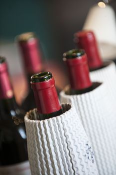 Bottles of red wine, tasting in the blind, Bordeaux, France