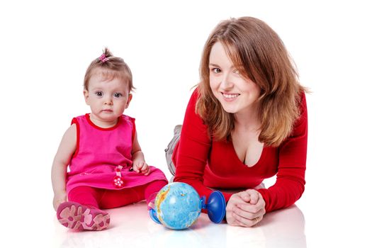 Mother playing with one year daughter isolated on white