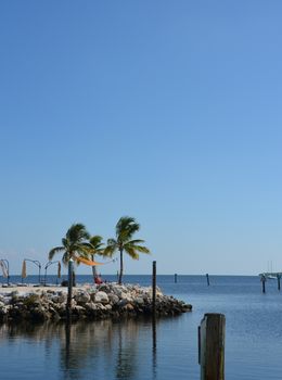 A quiet place to sit and enjoy the ocean in the florida keys. Two charis and a few palm trees complete the scene.