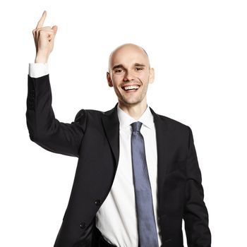 Studio shot of happy young man gesturing with his hand. Isolated on white background.