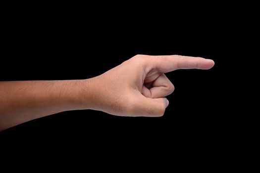 Closeup of male hand pointing isolated on black with clipping path