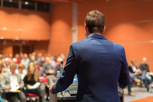 Speaker at Business Conference with Public Presentations. Audience at the conference hall. Entrepreneurship club. Rear view. Horisontal composition. Background blur.