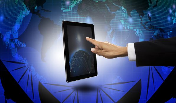 hand of businessman pointing to tablet with satelite dish and world map  background