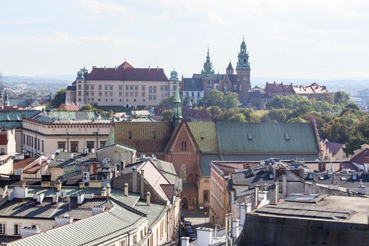 Aerial view of the Old Town and Wawel Royal Castle, Krakow, Poland.