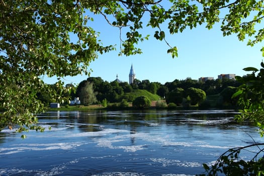 Narva Beautiful river landscape mirror reflection in the water