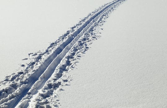 Ski track in winter, low point of view