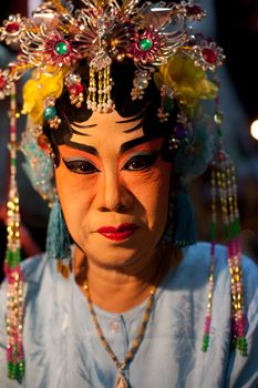 BANGKOK THAILAND - Feb1- close up face of unidentified woman make up her face for playing chinese opera at Yaowarat china town in heart of Bangkok  on Feb1, 2013 in Bangkok, Thailand 