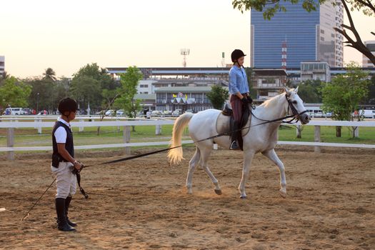 BANGKOK THAILAND - Feb27-unidentified young woman practice to ride a horse in horse riding field  on Feb 17, 2013 in Bangkok, Thailand 
