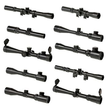 different types of riflescopes on the isolated white background